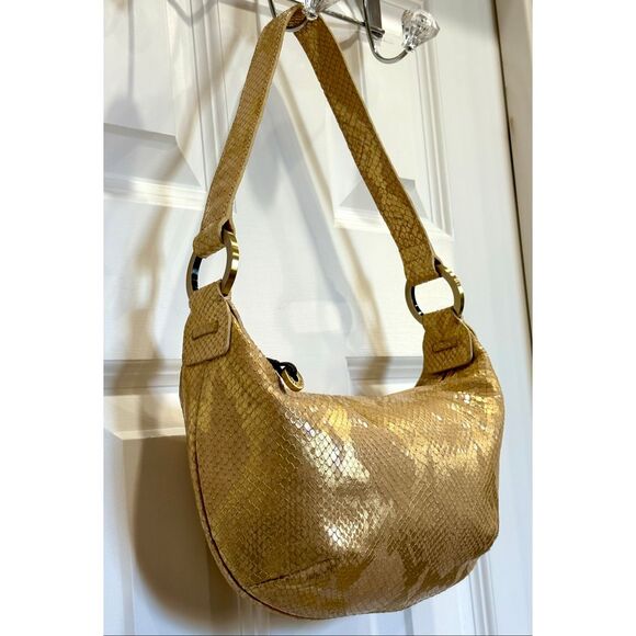 DONALD J PLINER - Gold/Blush Python Snakeskin-Embossed Leather Hobo Shoulder Bag - Picture 3 of 16